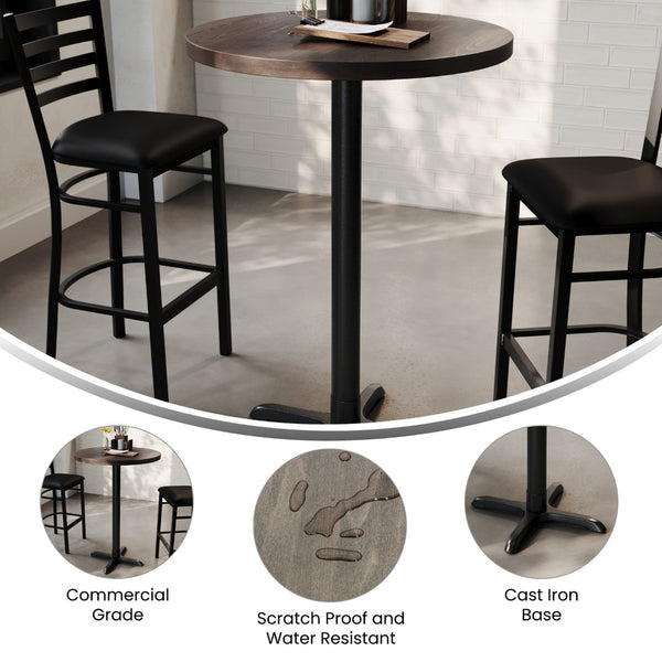 English Elm Bennett Solid Wood Commercial Tabletop with Heavy-Duty Cast Iron Base for Durable Dining Spaces Dark Brown Top/Black Base 30" Round GSF-RD30-DKBRN-T2222B-GG