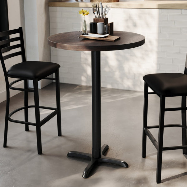 English Elm Bennett Solid Wood Commercial Tabletop with Heavy-Duty Cast Iron Base for Durable Dining Spaces Dark Brown Top/Black Base 30" Round GSF-RD30-DKBRN-T2222B-GG