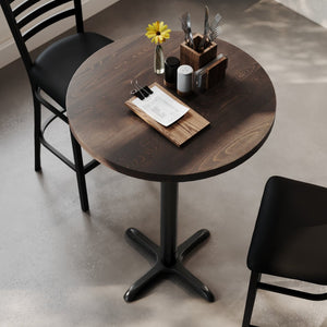 English Elm Bennett Solid Wood Commercial Tabletop with Heavy-Duty Cast Iron Base for Durable Dining Spaces Dark Brown Top/Black Base 30" Round GSF-RD30-DKBRN-T2222B-GG