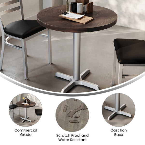 English Elm Bennett Solid Wood Commercial Tabletop with Rust-Resistant Cast Iron X-Base for Hospitality Spaces Dark Brown Top/Silver Base 30" Round GSF-RD30-DKBRN-T2222S-GG