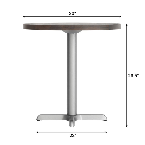 English Elm Bennett Solid Wood Commercial Tabletop with Rust-Resistant Cast Iron X-Base for Hospitality Spaces Dark Brown Top/Silver Base 30" Round GSF-RD30-DKBRN-T2222S-GG