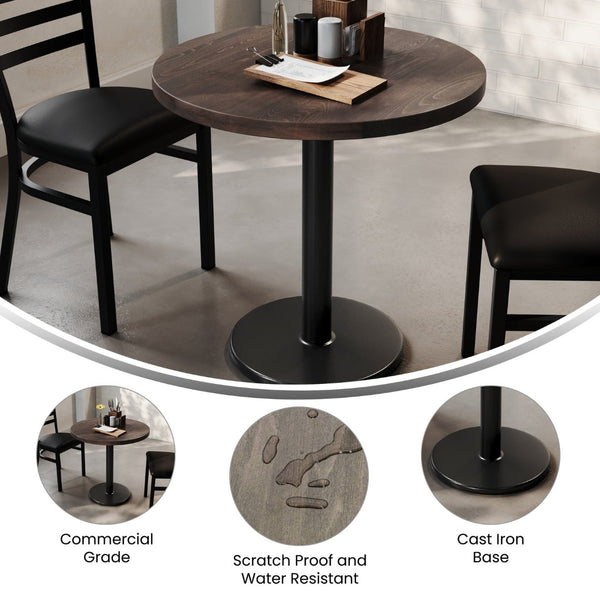 English Elm Bennett Solid Wood Commercial Tabletop with Industrial Strength Base for Cafés and Restaurants Dark Brown Top/Black Base 30" Round GSF-RD30-DKBRN-TR18-GG
