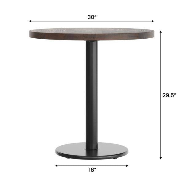 English Elm Bennett Solid Wood Commercial Tabletop with Industrial Strength Base for Cafés and Restaurants Dark Brown Top/Black Base 30" Round GSF-RD30-DKBRN-TR18-GG