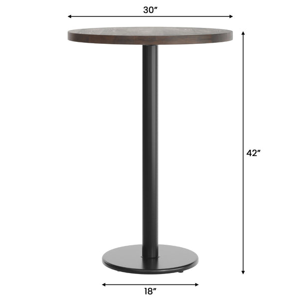 English Elm Bennett Solid Wood Bar-Height Tabletop with Durable Cast Iron Base for Restaurants and Cafés Dark Brown Top/Black Base 30" Round GSF-RD30-DKBRN-TR18B-GG