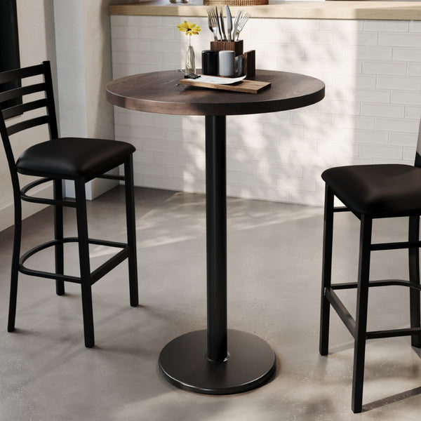 English Elm Bennett Solid Wood Bar-Height Tabletop with Durable Cast Iron Base for Restaurants and Cafés Dark Brown Top/Black Base 30" Round GSF-RD30-DKBRN-TR18B-GG