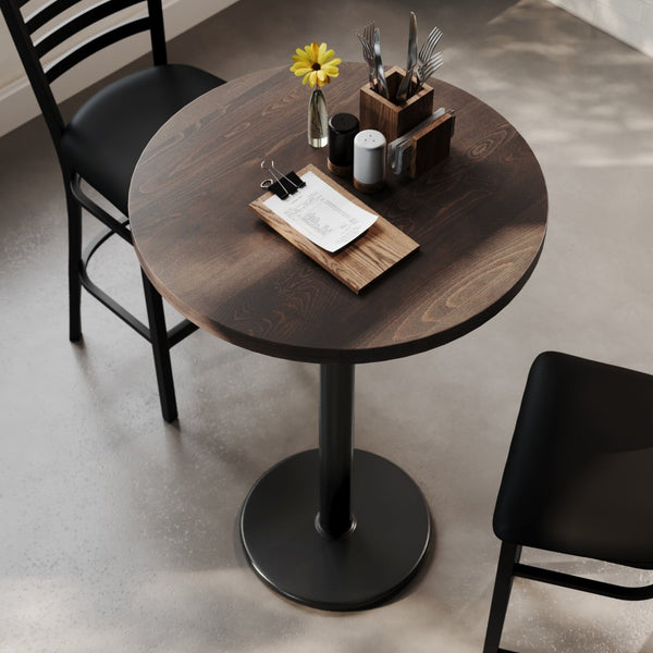 English Elm Bennett Solid Wood Bar-Height Tabletop with Durable Cast Iron Base for Restaurants and Cafés Dark Brown Top/Black Base 30" Round GSF-RD30-DKBRN-TR18B-GG