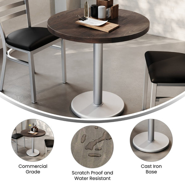 English Elm Bennett Solid Wood Commercial Tabletop with Industrial Strength Base for Cafés and Restaurants Dark Brown Top/Silver Base 30" Round GSF-RD30-DKBRN-TR18S-GG