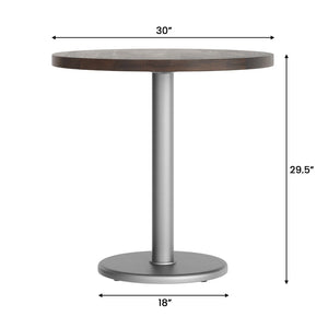 English Elm Bennett Solid Wood Commercial Tabletop with Industrial Strength Base for Cafés and Restaurants Dark Brown Top/Silver Base 30" Round GSF-RD30-DKBRN-TR18S-GG