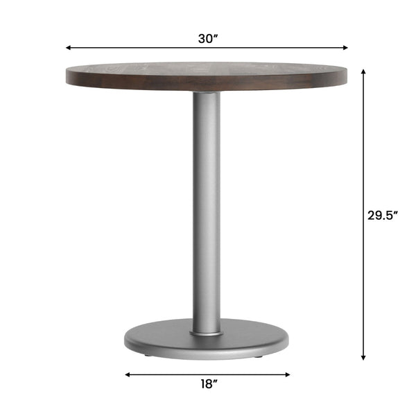 English Elm Bennett Solid Wood Commercial Tabletop with Industrial Strength Base for Cafés and Restaurants Dark Brown Top/Silver Base 30" Round GSF-RD30-DKBRN-TR18S-GG