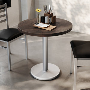 English Elm Bennett Solid Wood Commercial Tabletop with Industrial Strength Base for Cafés and Restaurants Dark Brown Top/Silver Base 30" Round GSF-RD30-DKBRN-TR18S-GG