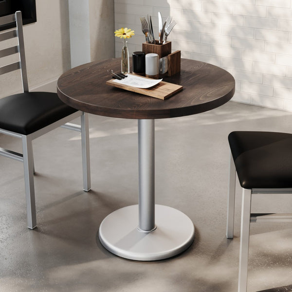 English Elm Bennett Solid Wood Commercial Tabletop with Industrial Strength Base for Cafés and Restaurants Dark Brown Top/Silver Base 30" Round GSF-RD30-DKBRN-TR18S-GG