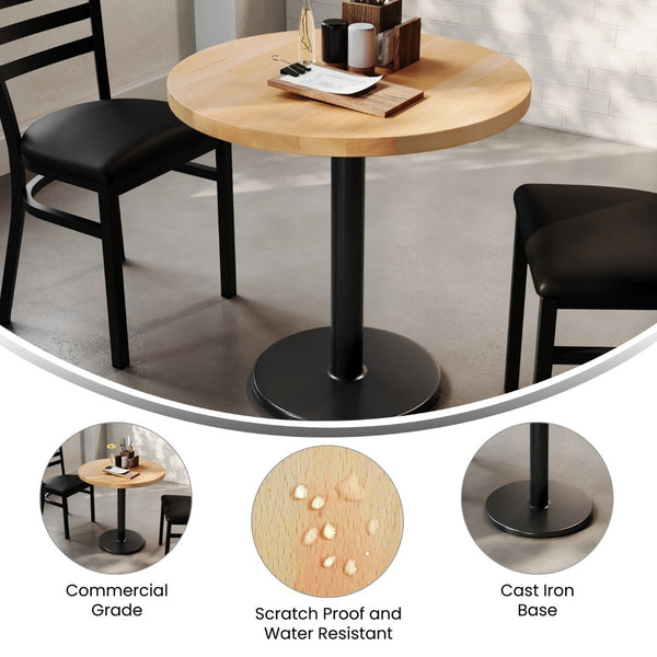 English Elm Bennett Solid Wood Commercial Tabletop with Industrial Strength Base for Cafés and Restaurants Natural Top/Black Base 30" Round GSF-RD30-NAT-TR18-GG