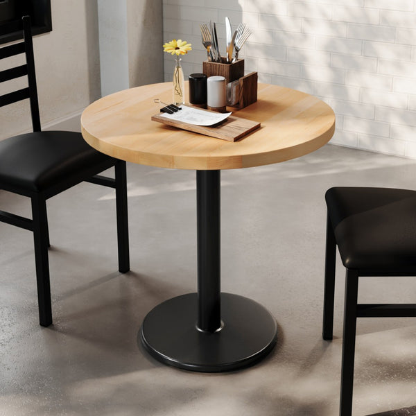 English Elm Bennett Solid Wood Commercial Tabletop with Industrial Strength Base for Cafés and Restaurants Natural Top/Black Base 30" Round GSF-RD30-NAT-TR18-GG