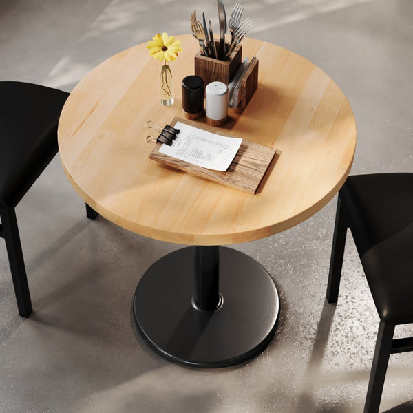 English Elm Bennett Solid Wood Commercial Tabletop with Industrial Strength Base for Cafés and Restaurants Natural Top/Black Base 30" Round GSF-RD30-NAT-TR18-GG