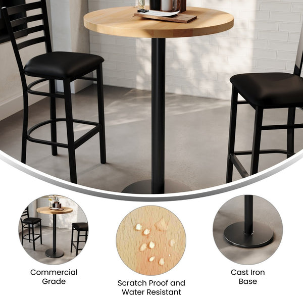 English Elm Bennett Solid Wood Bar-Height Tabletop with Durable Cast Iron Base for Restaurants and Cafés Natural Top/Black Base 30" Round GSF-RD30-NAT-TR18B-GG