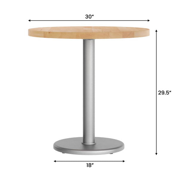 English Elm Bennett Solid Wood Commercial Tabletop with Industrial Strength Base for Cafés and Restaurants Natural Top/Silver Base 30" Round GSF-RD30-NAT-TR18S-GG