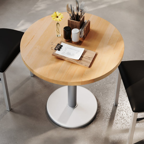 English Elm Bennett Solid Wood Commercial Tabletop with Industrial Strength Base for Cafés and Restaurants Natural Top/Silver Base 30" Round GSF-RD30-NAT-TR18S-GG