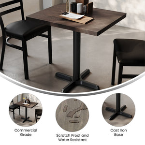 English Elm Bennett Solid Wood Commercial Tabletop with Durable Cast Iron X-Base for Restaurants and Cafés Dark Brown Top/Black Base 30"L x 24"W GSF-REC2430-DKBRN-T2222-GG