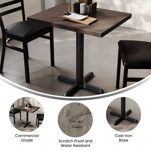 English Elm Bennett Solid Wood Commercial Tabletop with Durable Cast Iron X-Base for Restaurants and Cafés Dark Brown Top/Black Base 30"L x 24"W GSF-REC2430-DKBRN-T2222-GG