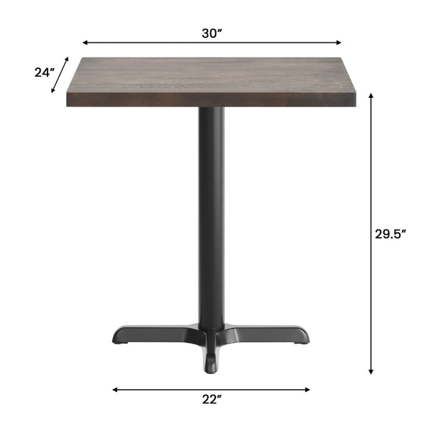 English Elm Bennett Solid Wood Commercial Tabletop with Durable Cast Iron X-Base for Restaurants and Cafés Dark Brown Top/Black Base 30"L x 24"W GSF-REC2430-DKBRN-T2222-GG