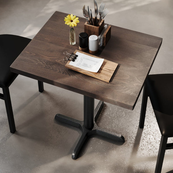 English Elm Bennett Solid Wood Commercial Tabletop with Durable Cast Iron X-Base for Restaurants and Cafés Dark Brown Top/Black Base 30"L x 24"W GSF-REC2430-DKBRN-T2222-GG