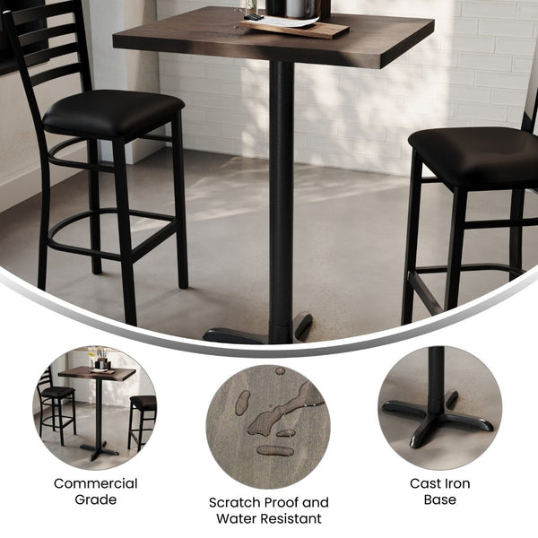 English Elm Bennett Solid Wood Bar Height Table with Rust-Resistant Cast Iron Base for Durable Indoor Dining Spaces Dark Brown Top/Black Base 30"L x 24"W GSF-REC2430-DKBRN-T2222B-GG