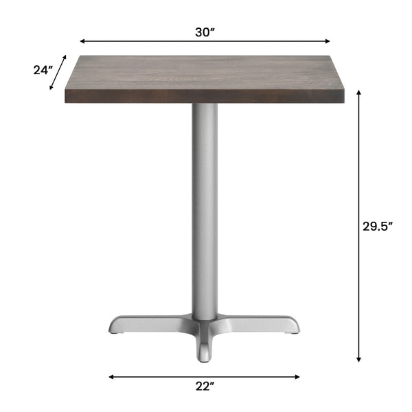 English Elm Bennett Solid Wood Commercial Tabletop with Durable Cast Iron X-Base for Restaurants and Cafés Dark Brown Top/Silver Base 30"L x 24"W GSF-REC2430-DKBRN-T2222S-GG