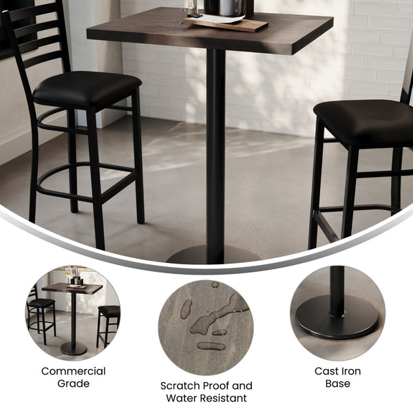 English Elm Bennett Solid Wood Bar-Height Tabletop with Rust-Resistant Cast Iron Base for Commercial Spaces Dark Brown Top/Black Base 30"L x 24"W GSF-REC2430-DKBRN-TR18B-GG