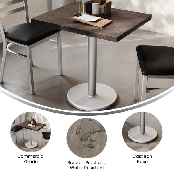 English Elm Bennett Solid Wood Commercial Indoor Tabletop with Vintage Cast Iron Base for Dining Spaces Dark Brown Top/Silver Base 30"L x 24"W GSF-REC2430-DKBRN-TR18S-GG