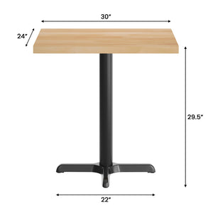 English Elm Bennett Solid Wood Commercial Tabletop with Durable Cast Iron X-Base for Restaurants and Cafés Natural Top/Black Base 30"L x 24"W GSF-REC2430-NAT-T2222-GG
