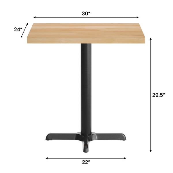 English Elm Bennett Solid Wood Commercial Tabletop with Durable Cast Iron X-Base for Restaurants and Cafés Natural Top/Black Base 30"L x 24"W GSF-REC2430-NAT-T2222-GG