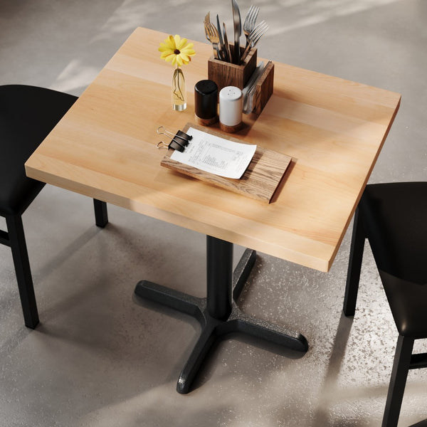 English Elm Bennett Solid Wood Commercial Tabletop with Durable Cast Iron X-Base for Restaurants and Cafés Natural Top/Black Base 30"L x 24"W GSF-REC2430-NAT-T2222-GG