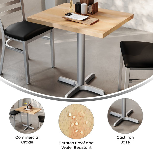 English Elm Bennett Solid Wood Commercial Tabletop with Durable Cast Iron X-Base for Restaurants and Cafés Natural Top/Silver Base 30"L x 24"W GSF-REC2430-NAT-T2222S-GG