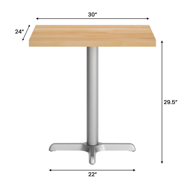 English Elm Bennett Solid Wood Commercial Tabletop with Durable Cast Iron X-Base for Restaurants and Cafés Natural Top/Silver Base 30"L x 24"W GSF-REC2430-NAT-T2222S-GG