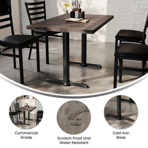 English Elm Bennett Solid Wood Commercial Dining Tabletop with Durable Cast Iron T-Bases for Hospitality Spaces Dark Brown Top/Black Base 48"L x 30"W GSF-REC3048-DKBRN-T0522-GG