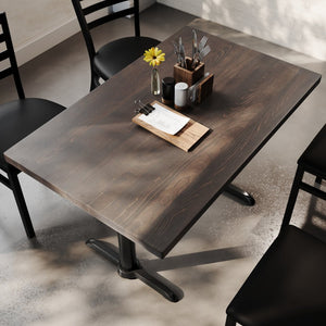 English Elm Bennett Solid Wood Commercial Dining Tabletop with Durable Cast Iron T-Bases for Hospitality Spaces Dark Brown Top/Black Base 48"L x 30"W GSF-REC3048-DKBRN-T0522-GG
