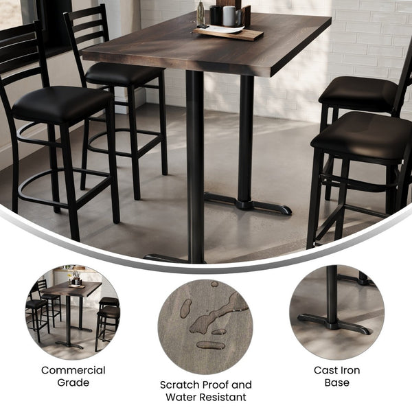 English Elm Bennett Solid Wood Commercial Tabletop with Rust-Resistant Cast Iron T-Bases for Dining Spaces Dark Brown Top/Black Base 48"L x 30"W GSF-REC3048-DKBRN-T0522B-GG
