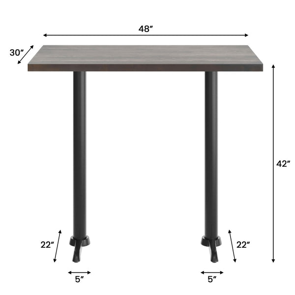 English Elm Bennett Solid Wood Commercial Tabletop with Rust-Resistant Cast Iron T-Bases for Dining Spaces Dark Brown Top/Black Base 48"L x 30"W GSF-REC3048-DKBRN-T0522B-GG