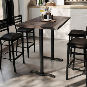 English Elm Bennett Solid Wood Commercial Tabletop with Rust-Resistant Cast Iron T-Bases for Dining Spaces Dark Brown Top/Black Base 48"L x 30"W GSF-REC3048-DKBRN-T0522B-GG