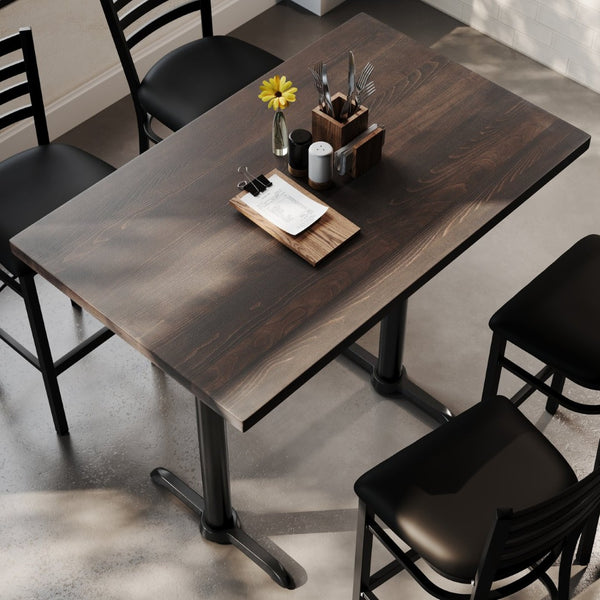 English Elm Bennett Solid Wood Commercial Tabletop with Rust-Resistant Cast Iron T-Bases for Dining Spaces Dark Brown Top/Black Base 48"L x 30"W GSF-REC3048-DKBRN-T0522B-GG