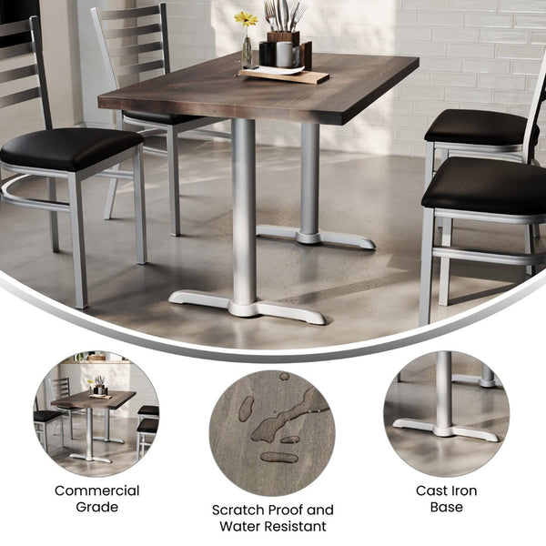 English Elm Bennett Solid Wood Commercial Dining Tabletop with Durable Cast Iron T-Bases for Hospitality Spaces Dark Brown Top/Silver Base 48"L x 30"W GSF-REC3048-DKBRN-T0522S-GG
