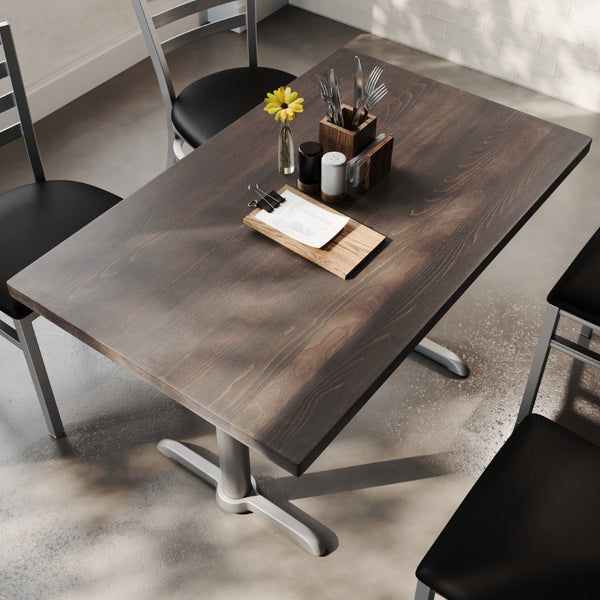 English Elm Bennett Solid Wood Commercial Dining Tabletop with Durable Cast Iron T-Bases for Hospitality Spaces Dark Brown Top/Silver Base 48"L x 30"W GSF-REC3048-DKBRN-T0522S-GG