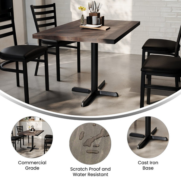 English Elm Bennett Solid Wood Commercial Tabletop with Rust-Resistant Cast Iron Base for Elegant Dining Spaces Dark Brown Top/Black Base 48"L x 30"W GSF-REC3048-DKBRN-T2230-GG