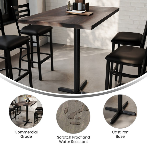 English Elm Bennett Solid Wood Commercial Bar Height Table with Sturdy Cast Iron Base for Dining & Hospitality Spaces Dark Brown Top/Black Base 48"L x 30"W GSF-REC3048-DKBRN-T2230B-GG