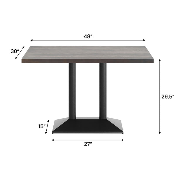 English Elm Bennett Solid Wood Dining Tabletop with Heavy-Duty Double Column Base for Commercial Spaces Dark Brown Top/Black Base 48"L x 30"W GSF-REC3048-DKBRN-TB002B-GG