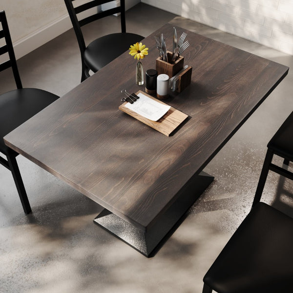 English Elm Bennett Solid Wood Dining Tabletop with Heavy-Duty Double Column Base for Commercial Spaces Dark Brown Top/Black Base 48"L x 30"W GSF-REC3048-DKBRN-TB002B-GG