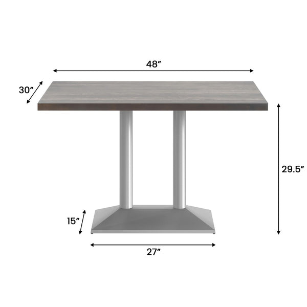 English Elm Bennett Solid Wood Dining Tabletop with Heavy-Duty Double Column Base for Commercial Spaces Dark Brown Top/Silver Base 48"L x 30"W GSF-REC3048-DKBRN-TB002S-GG