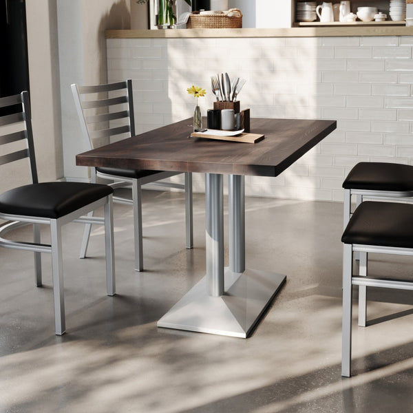 English Elm Bennett Solid Wood Dining Tabletop with Heavy-Duty Double Column Base for Commercial Spaces Dark Brown Top/Silver Base 48"L x 30"W GSF-REC3048-DKBRN-TB002S-GG