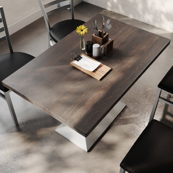 English Elm Bennett Solid Wood Dining Tabletop with Heavy-Duty Double Column Base for Commercial Spaces Dark Brown Top/Silver Base 48"L x 30"W GSF-REC3048-DKBRN-TB002S-GG