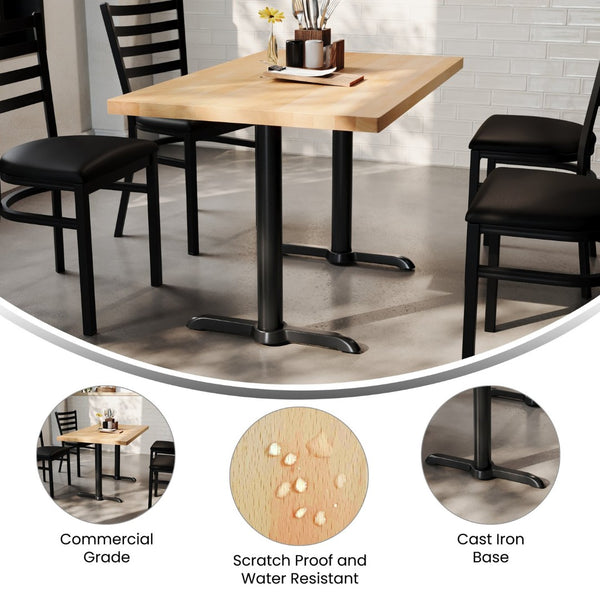 English Elm Bennett Solid Wood Commercial Dining Tabletop with Durable Cast Iron T-Bases for Hospitality Spaces Natural Top/Black Base 48"L x 30"W GSF-REC3048-NAT-T0522-GG